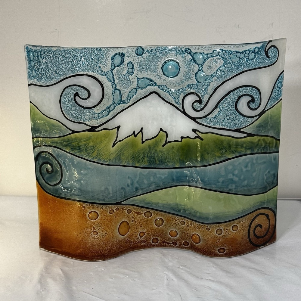 Pampeana Wavy Pressed Glass Art Suncatcher Mountain River Scene Ecuador Handmade